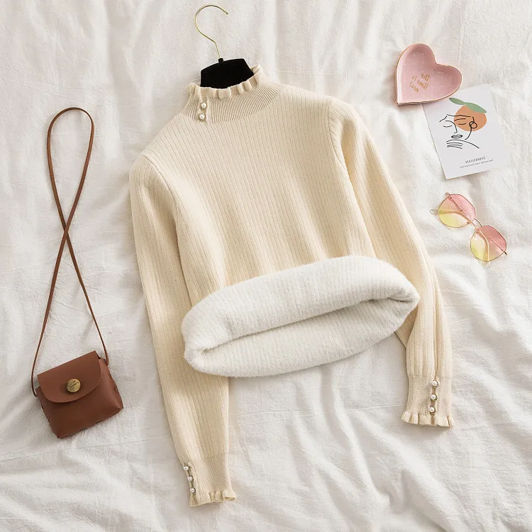 Зимняя одежда Женский плюшевый свитер облегающая теплая водолазка на флисовой