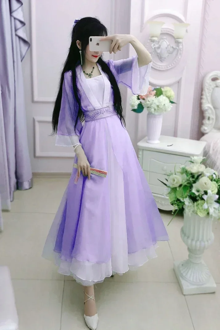 Шифоновое винтажное длинное платье Hanfu для женщин традиционная синяя зеленая