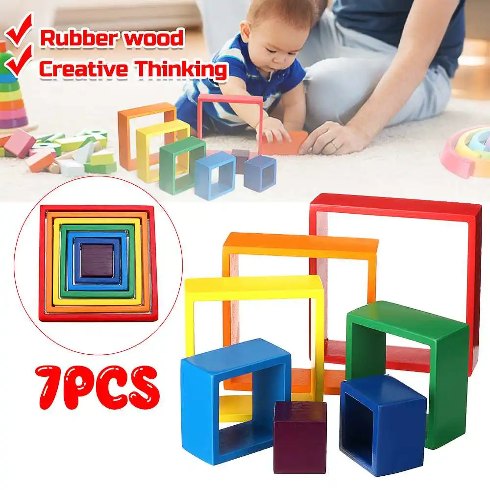 

7Pcs Rainbow Building Blocks Kids Wood Stacker Baby Toy Color Cognitive Children Montessori Educational Wooden Toys