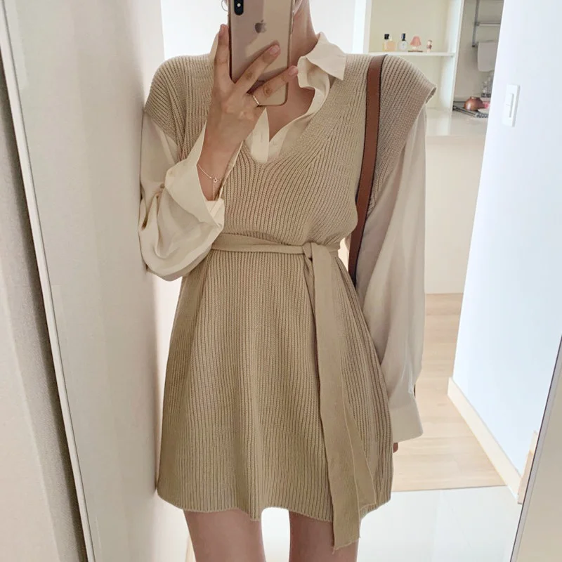 

Женское платье, корейское шикарное зимнее свободное трикотажное платье без рукавов с V-образным вырезом и поясом, Женская юбка-жилет, Рейчел