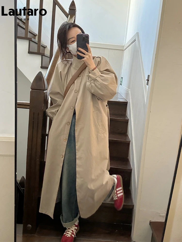 

Lautaro Spring Autumn Long Khaki Trench Coat for Women Raglan Sleeve Single Breasted Loose Casual Clothes Korean Fashion 2023