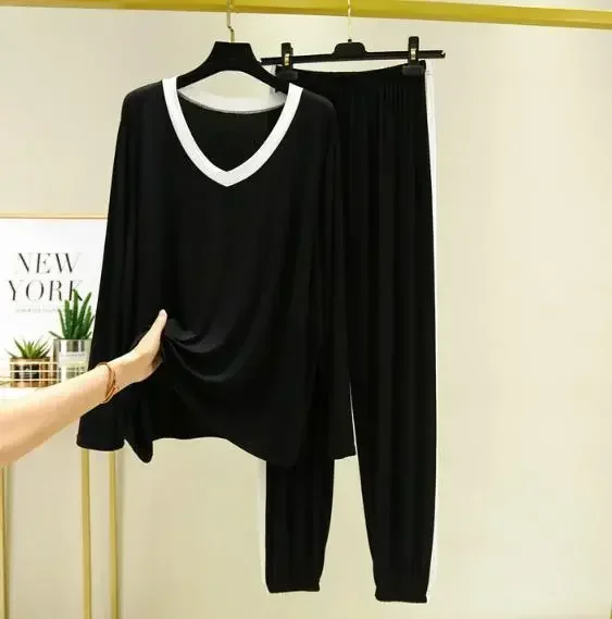 

Loose Two Beam Winter Women Sleeve Pijama New Cotton Piece Sleepwear V-neck Feet Pant Pajamas Set Autumn Clothes Home Long