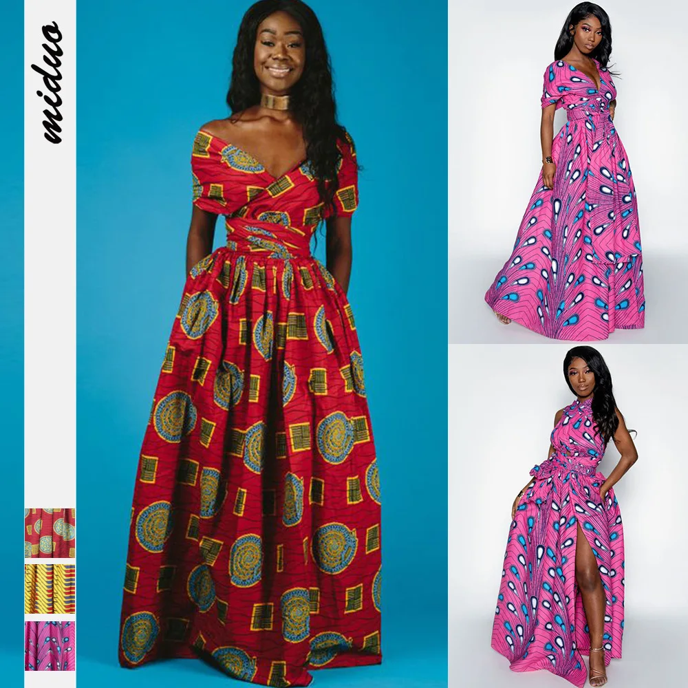 

African Dashiki Dress for Women Fashion Print Ankara Dresses Sexy Slit Maxi Clothes Lace Up Clothing for Party Evening