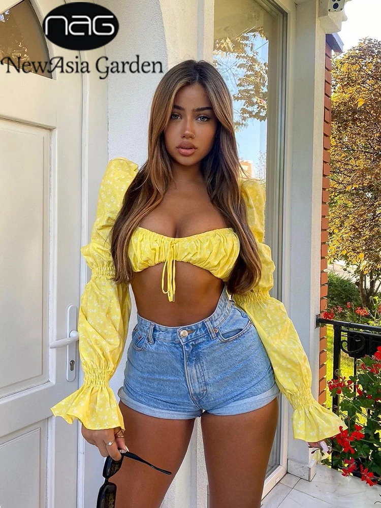 

NewAsia Puff Sleeve Blouses Floral Blusas Tie up 2 Layer Zipper Long Sleeve Crop Top Fall Slim Fit Yellow Chic Tops Women 2021