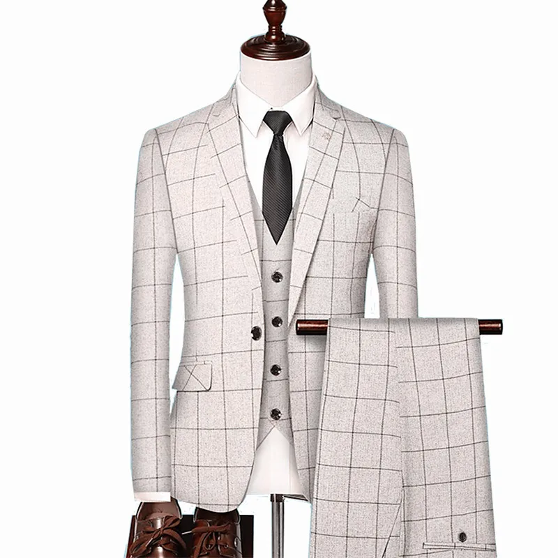 British Style Men Plaid Vest Blazer Pants 3 Pieces Set / Male Fashion High End Slim Wedding Banquet Business Suit Jacket Coat