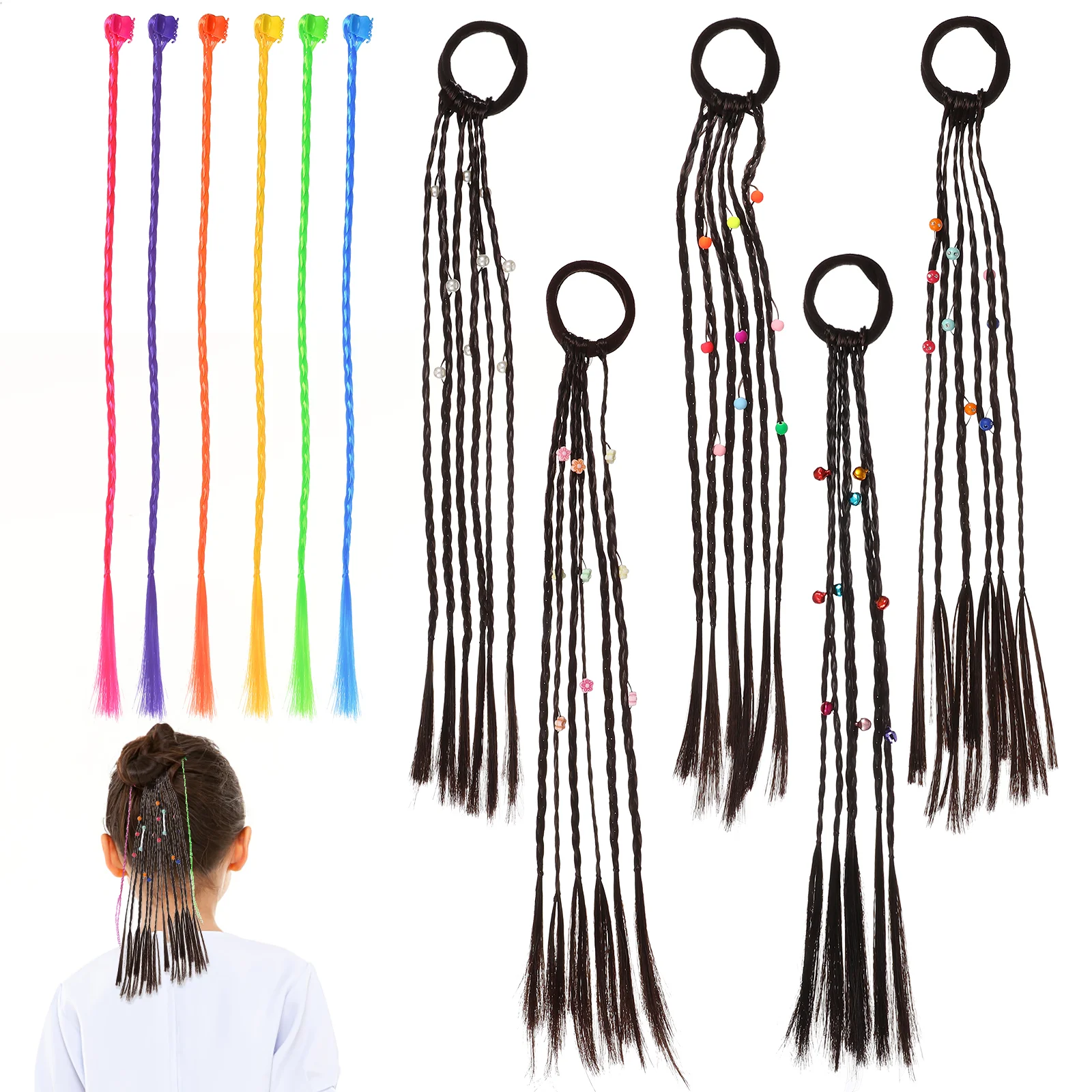 

Удлинители волос, плетеные детские косички для девочек, Радужный шнур, косички для конского хвоста, аксессуары