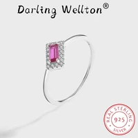 creative ruby pink baguette full diamond couple ring for women classic geometric original sterling silve engagement gift jewelry