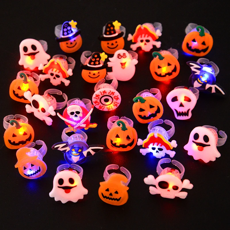 

10pcs Halloween Decoration Glowing Finger Ring Brooch Pumpkin Skull LED Luminous Finger Ring Kids Toys Halloween Party Supplies