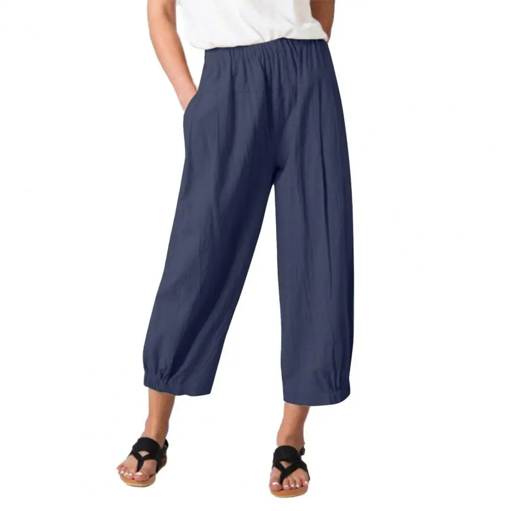

Women Cropped Pants Solid Color Elastic Waist Loose Breathable Spring Ninth Pants for Daily Wear