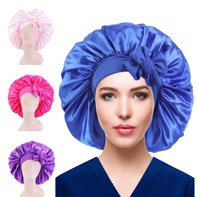 

Sdotter Women's Satin Solid Elastic Sleeping Cap with Ribbon Silk Wide-brimmed Hair Bonnet Hair Care Hair Net for Sleeping
