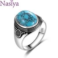nasiya luxury vintage silver color ring 10x14mm big oval turquoise rings for men women fine jewelry party anniversary