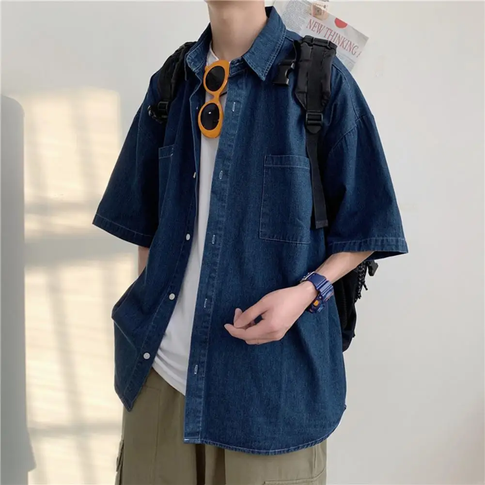 

Men Shirt Patch Pocket Men Tops Simple Single-breasted Men Shirt