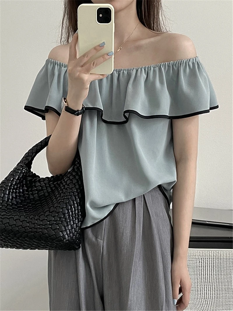 

Summer Pullover Shirt Loose Elegant Sweet Ruffles Plain Slash Neck Casual Shirts Women Short Sleeve Chic Blouses Top 2 Colors