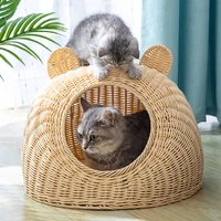 solid rattan cat bed nest wicker cat shaped cage creative pet woven basket for dog kawaii fully enclosed cats ltter panier chat