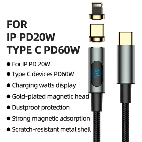 PD 60 Вт Магнитный цифровой дисплей USB Typc-C к Type-C + PD 20 Вт Lightning Кабель для быстрой зарядки для Xiaomi iphone Samsung Huawei ipad