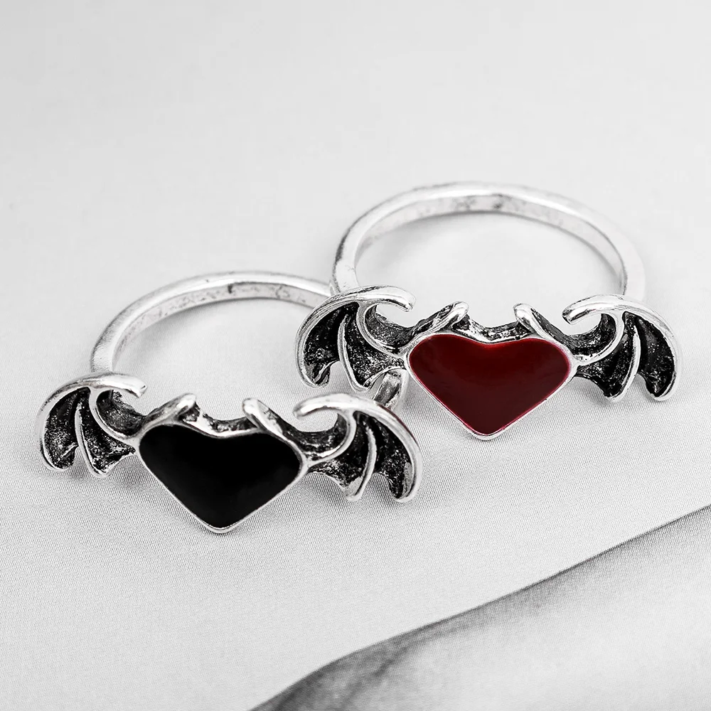 Металлические панк-кольца с изображением темной души демона, летучей мыши и сердца, черно-красное кольцо ювелирного изделия для пальцев мужчин и женщин, диаметром 15 мм, подарок для влюбленных.
