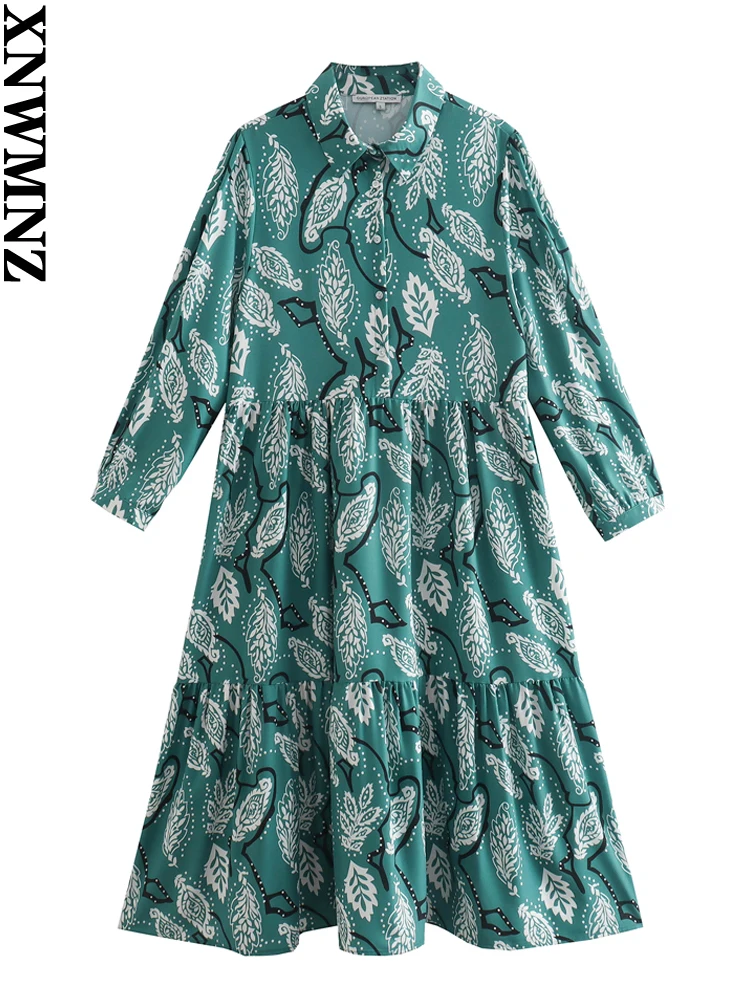 

XNWMNZ 2022 женское модное платье миди с принтом со вставками винтажные женские платья с длинным рукавом на пуговицах Vestidos Mujer