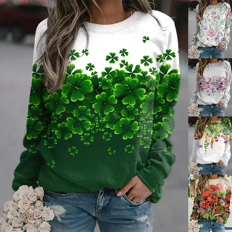 

Женская Повседневная футболка с длинным рукавом, простая повседневная футболка с цветочным принтом и круглым вырезом, пуловер на осень и зи...