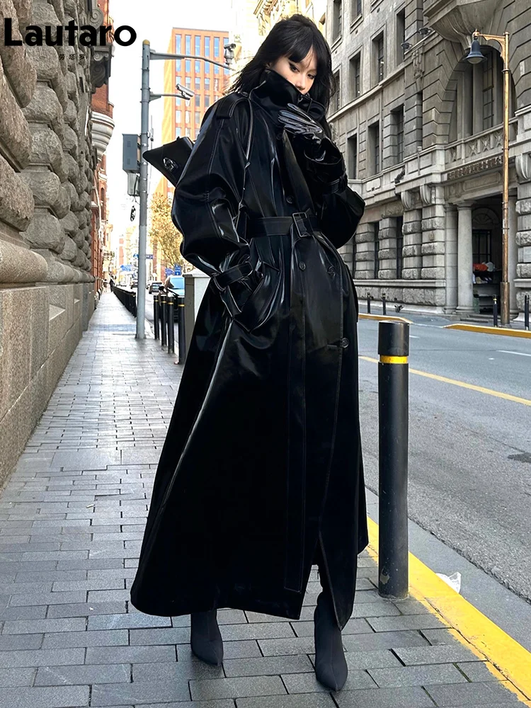 

Lautaro Spring Autumn Extra Long Oversized Cool Reflective Shiny Black Paten Leather Trench Coat for Women Belt Runway Fashion