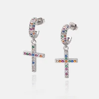 new trendy cubic zirconia gold color cross stud earrings colorful cz crystal rainbow drop earrings for women jewelry