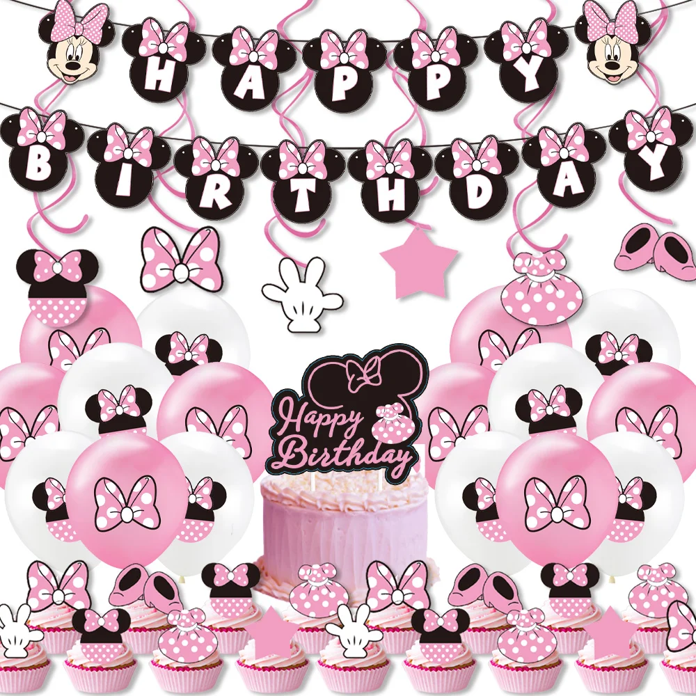 Disney Pink Minnie Theme Party Decoration Balloons Banner Spiral Cake Topper Baby Shower For Kids Birthday Party Supplies