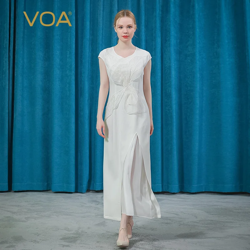 

VOA 60m/m Silk Heart Collar Short Sleeve Open Thread Patch Three-dimensional Decoration Party Dress AE865 Maxi Dresses for Women