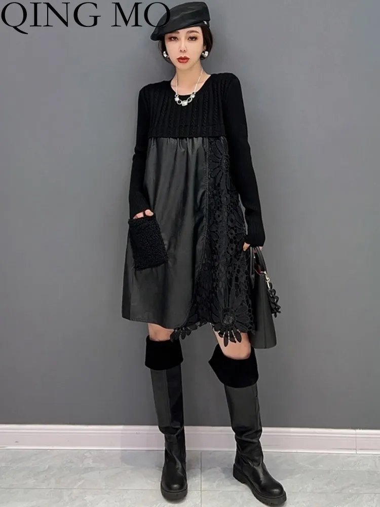 

Женское платье с круглым вырезом QING MO, свободное вязаное комбинированное платье из искусственной кожи с вышивкой, черное платье для отдыха ZXF2313, весна-осень 2023