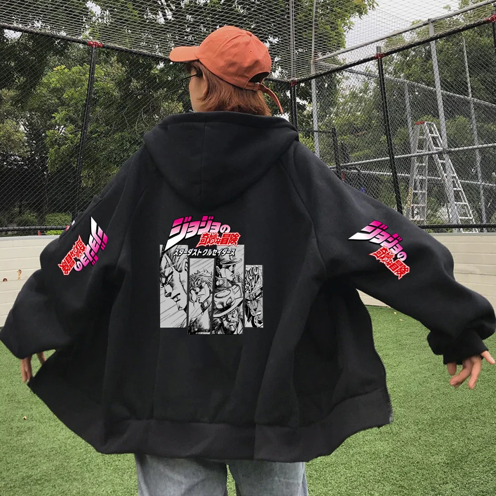

Anime Zip Up Hoodie JoJo Bizarre Adventure Hooded Sweatshirt Hip Hop Vintage Coat Clothes For Women Men Funny Cartoon Tops
