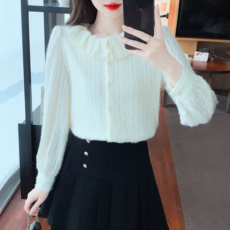 Модная женская рубашка с длинным рукавом и кукольным воротником кружевная