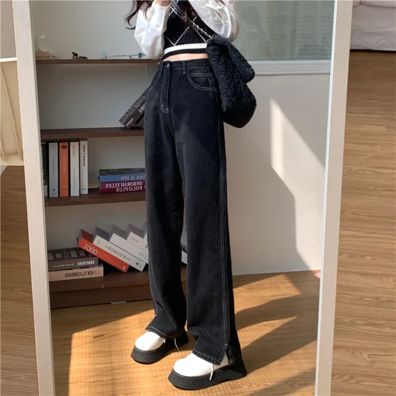 

Korean Fashion High Waist Women Black Jeans Streetwear Wide Leg Straight pants Female Casual Denim Trouser Baggy Mom Denim Pants