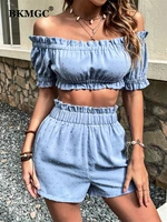 bkmgc short suits for women blue sexy solid fashion crop top 2 piece sets summer sets women outfit night club two piece 2881