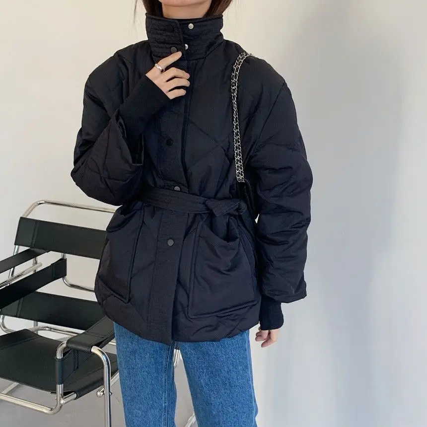 Winter Thick Solid Cotton Padded Coats Women Single-breasted Zippers Lace-up Female Parkas Stand Collar Female Jackets Outwear