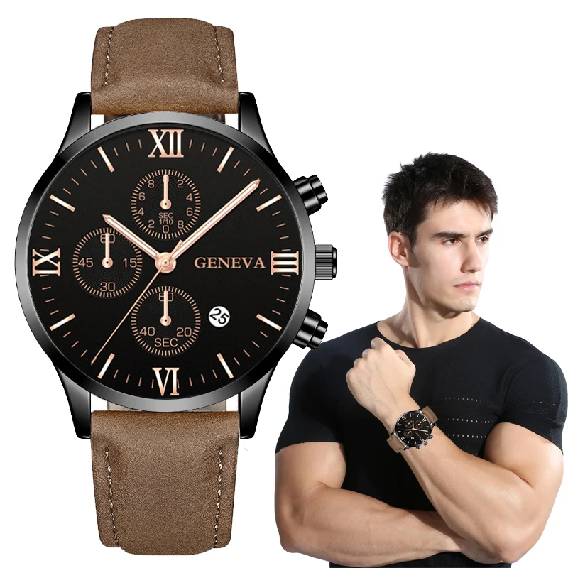 

Hot Sale New Leather Business Watch Men's Casual Geneva Quartz Watch Men's Calendar Belt Watch Black Gold Texture Wholesale