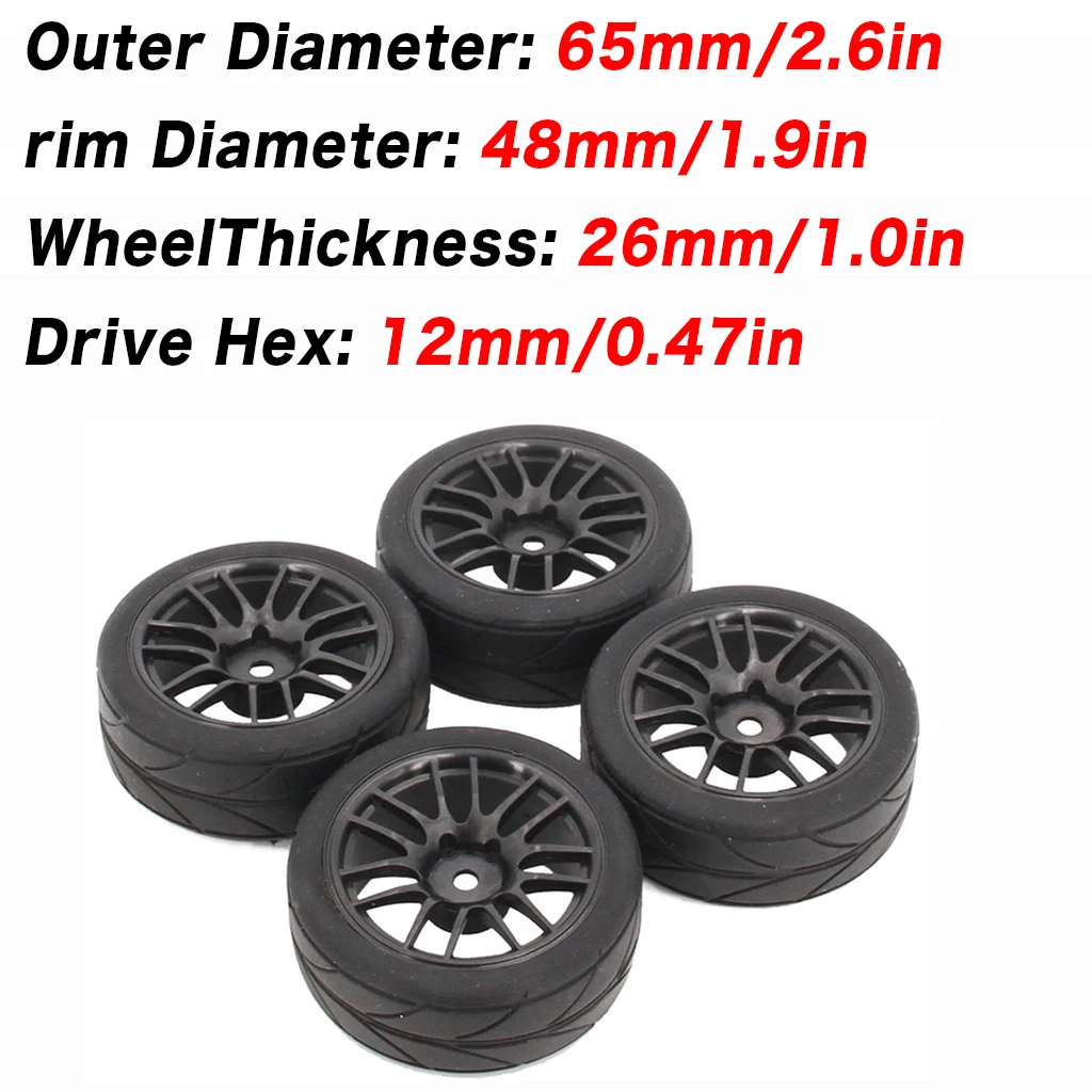 

4PCS 65mm Rubber Tire and 1.9 Inch Wheel Tyre RC Racing Car Tires On Road Wheels Rim for HSP HPI 144001 94123-94122 CS XIS Cars