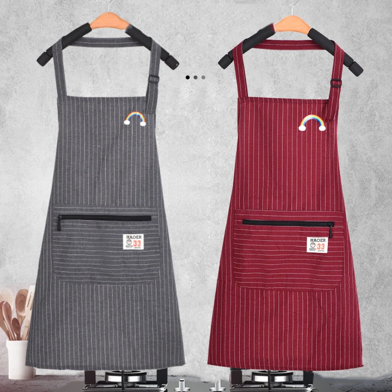 

Adult Sleeveless Strap Apron with Pocket Stripe Embroidery Oilproof Kitchen