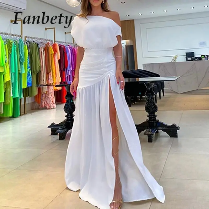 

Luxury Banquet High Split Party Gowns Women Dresses Sexy Skew Collar Irregular Party Dress 2023 Waist Solid Color Evening Dress