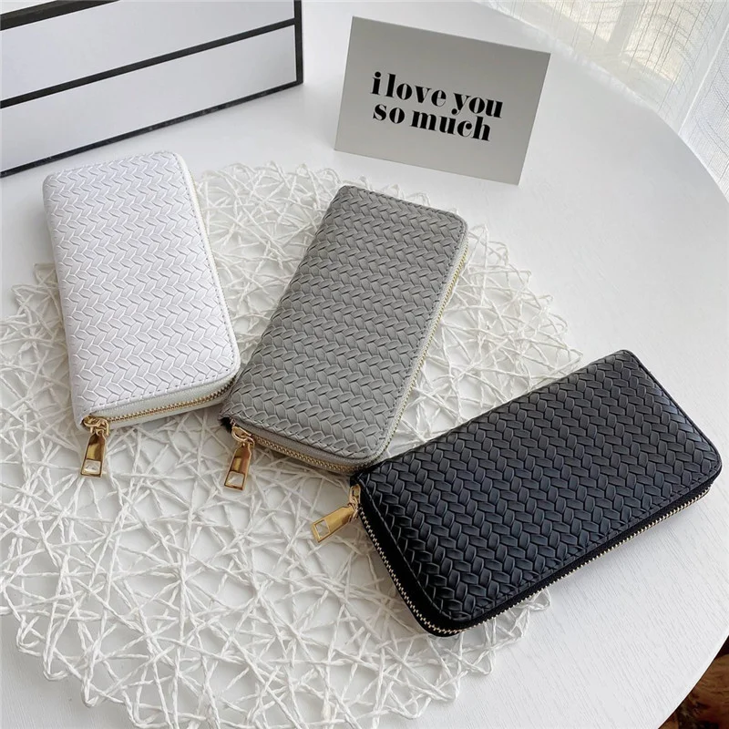 

Ladies Designer Pu Leather Woven Wallet Women Fashion Long Zipper Solid Color Coin Card Square Purse Phone Bags Handbags