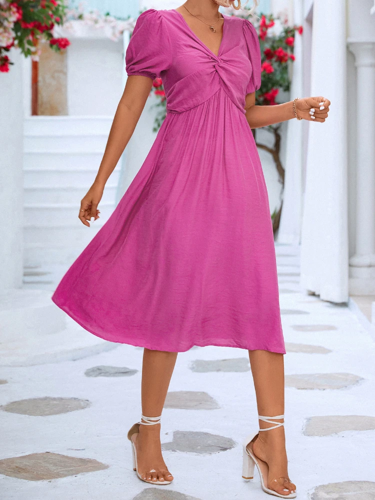 

New Summer Dresses for Women 2023 Solid Kink LOOSE V-neck Green Long Dresses Fashion Ladies Streetwear Elegant Party Dresses