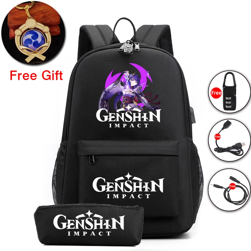 

2Pcs Genshin Impact Backpack for Boys Girls Casual School Student Backpack Teenager Anti-Theft Rucksack with Luminous Keychain