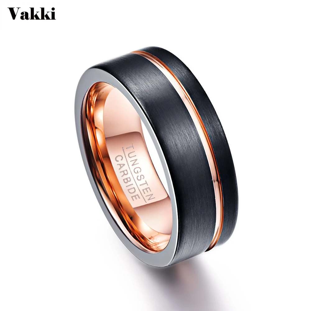

VAKKI New Men's Ring 8mm Black Matte Finish Tungsten Carbide Rings Rose Gold Color Groove Wedding Bands Tungsten Ring Size 5-14