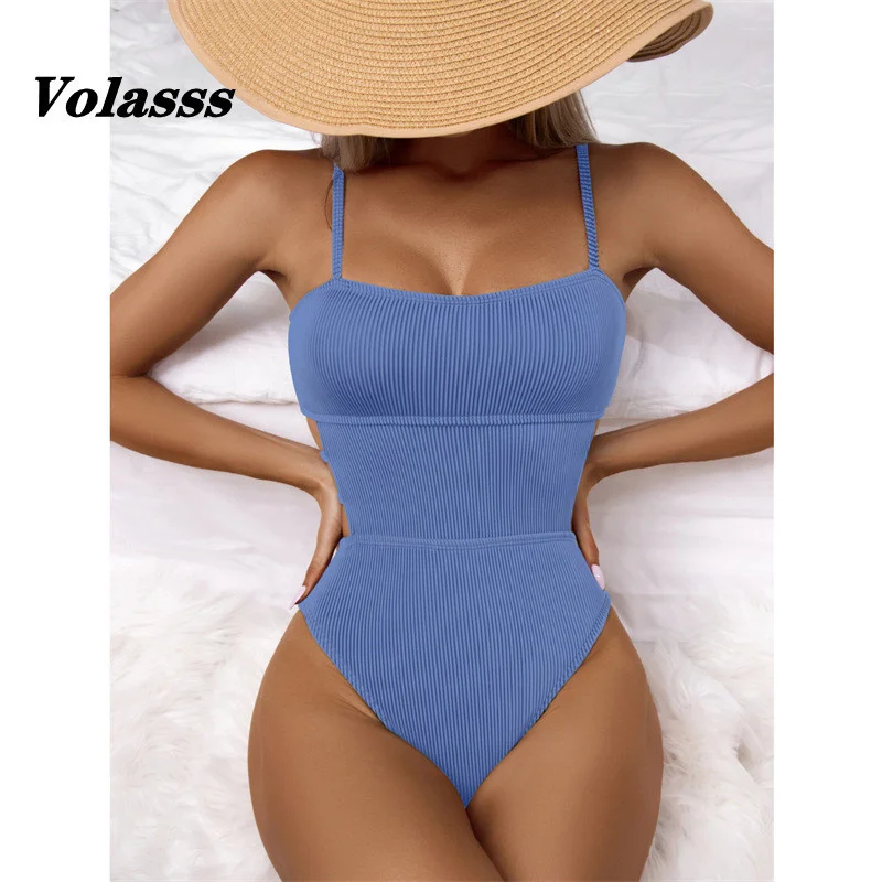 

2022 New Ribbed Swimsuit Women Sexy One Piece Bikini Set Hollow Out Swimwear Girl Monokini Summer Beachwear Solid Color Biquini