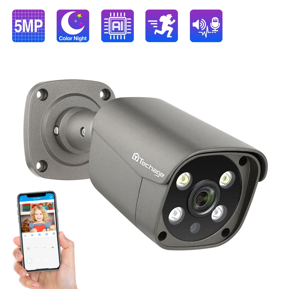 

, 5MP Security POE Camera AI Human Detection Two-way Audio IP Camera IP66 Outdoor CCTV Surveillance Full Color Night P2P