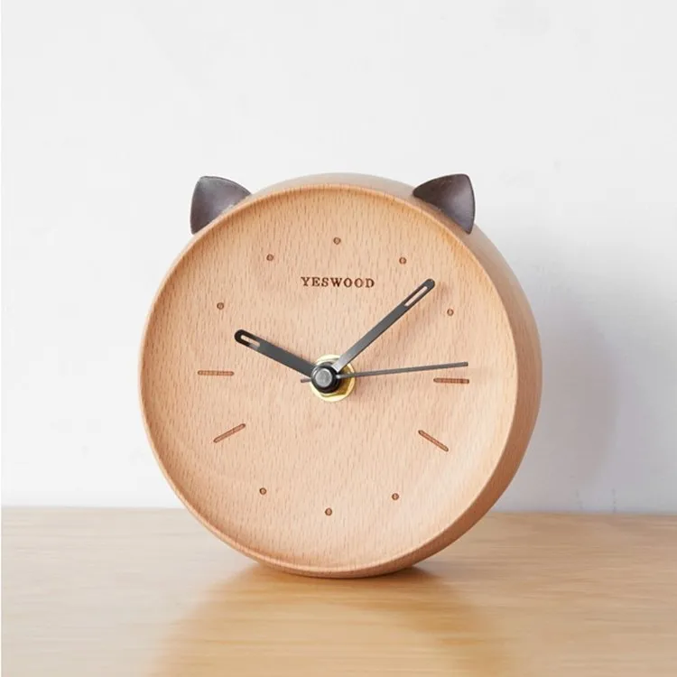 

Cat Shape Beech Silent Clock Home Bedroom Bedside Clock Desktop Clock Solid Wood Alarm Clock Clocks Wall Home Decor