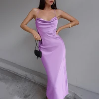yzz sexy bandage backless strap purple satin dress solid pile collar spaghetti strap dresses fashion women clothing elegant robe