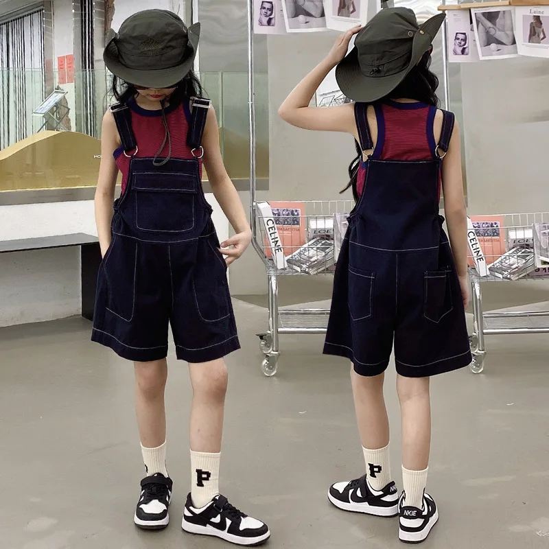 

Fashion 2023 summer new fashion girls suit stripe vest T-shirt little girls jeans strap shorts