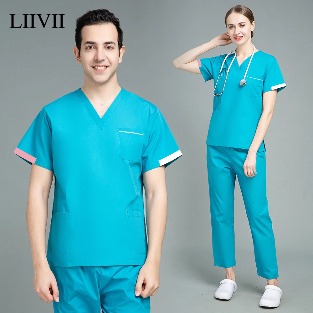 

Solid Color Hospital Workwear Nurse Scrub Uniform Health Service Nursing Doctor Scrubs Uniform V Neck Drawstring Waist Scrub Set