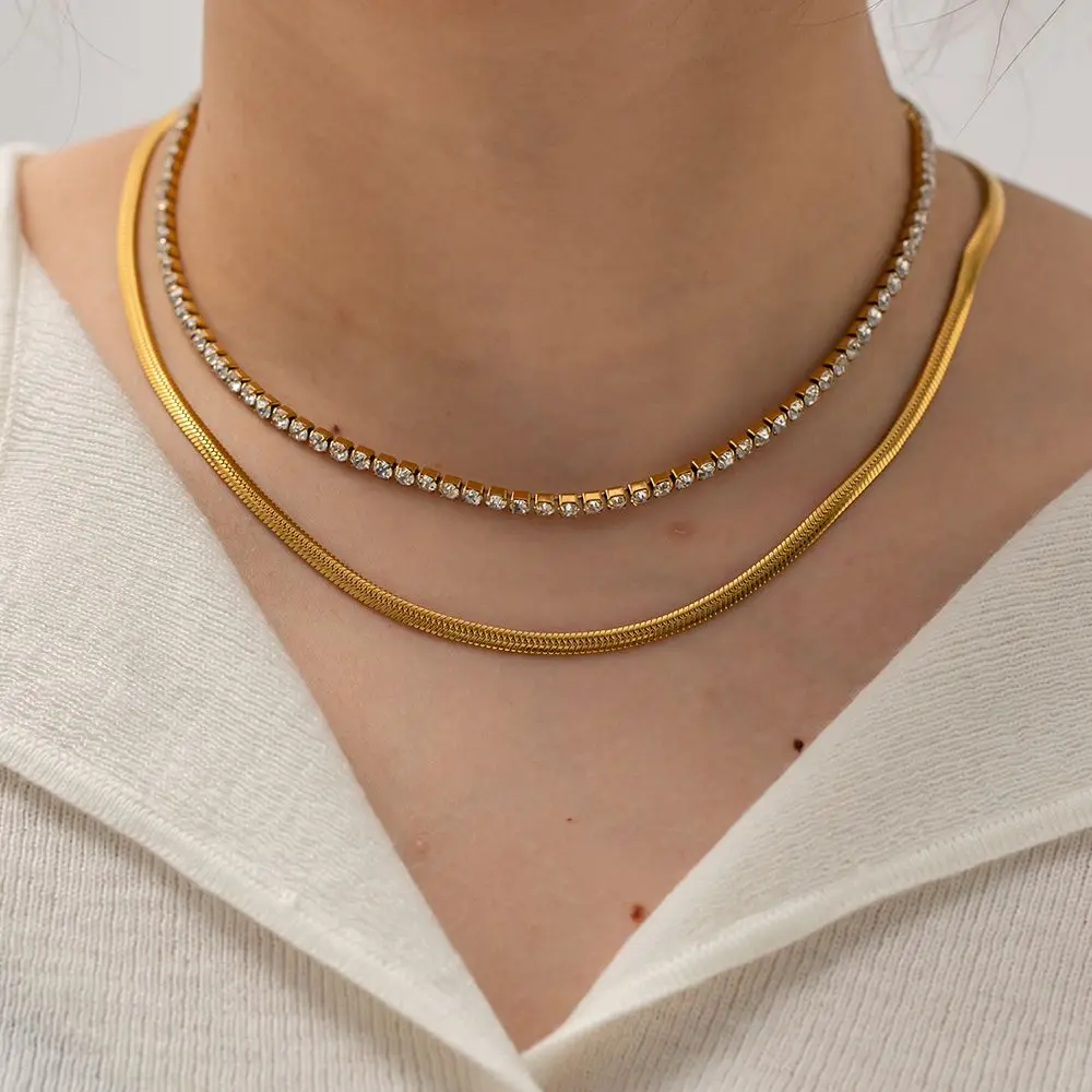 

Double Layer Cubic Zirconia Necklace For Women Design Snake Chain Necklace Ladies Stainless Steel Necklace Jewelry Gift Collar