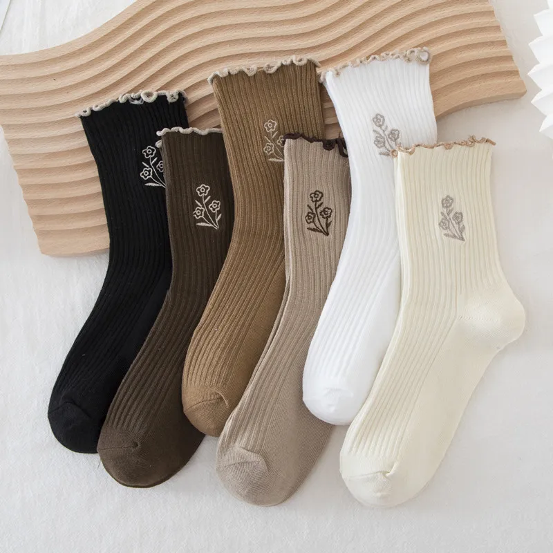 

Retro Solid Color Women's Cotton Socks Harajuku Embroidered Flowers Elegant Socks Cute Lolita Lace Girls Socks