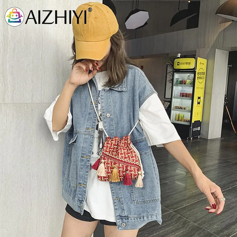 

New Fashion Woolen Canvas Messenger Shoulder Bag Ethnic Style Retro Woven Bucket Tassel Female Crossbody Handbag Purse Exquisite