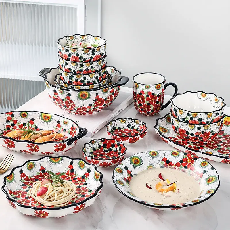 

Ceramic Handle Salad Bowl Household Oven Breakfast Bake Pan Microwave Bohemia Binaural Soup Tableware